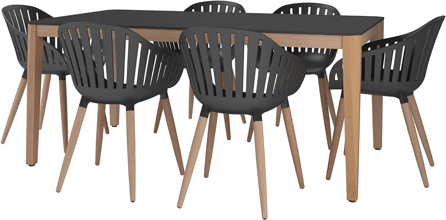 Teak Finish 100% FSC Eucalyptus Wood | Backyard Furniture, Outside White Table and Chairs, Rectangular Outdoor Dining Set, 7-Piece