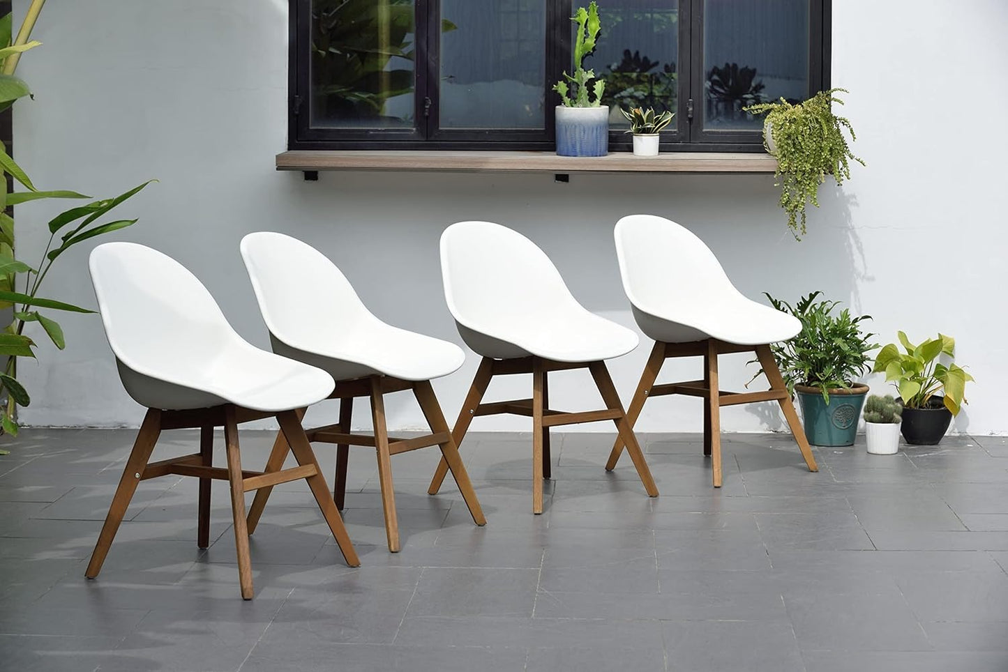 Terra Patio Chairs | Teak Finish, White Resin Seat | Outdoor Dining, Indoors (White, 4-Piece)