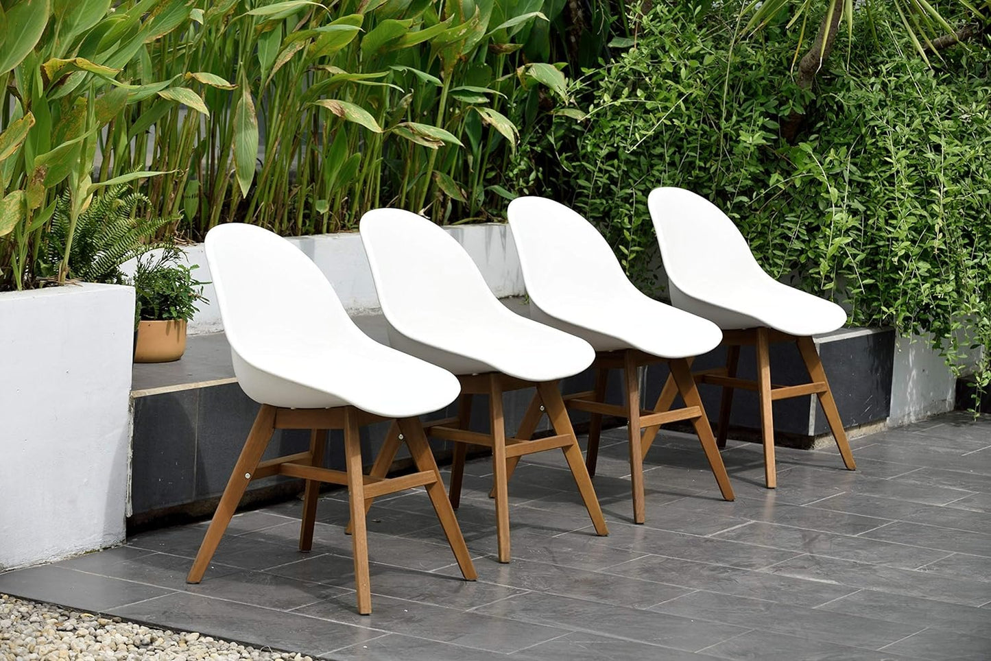 Terra Patio Chairs | Teak Finish, White Resin Seat | Outdoor Dining, Indoors (White, 4-Piece)