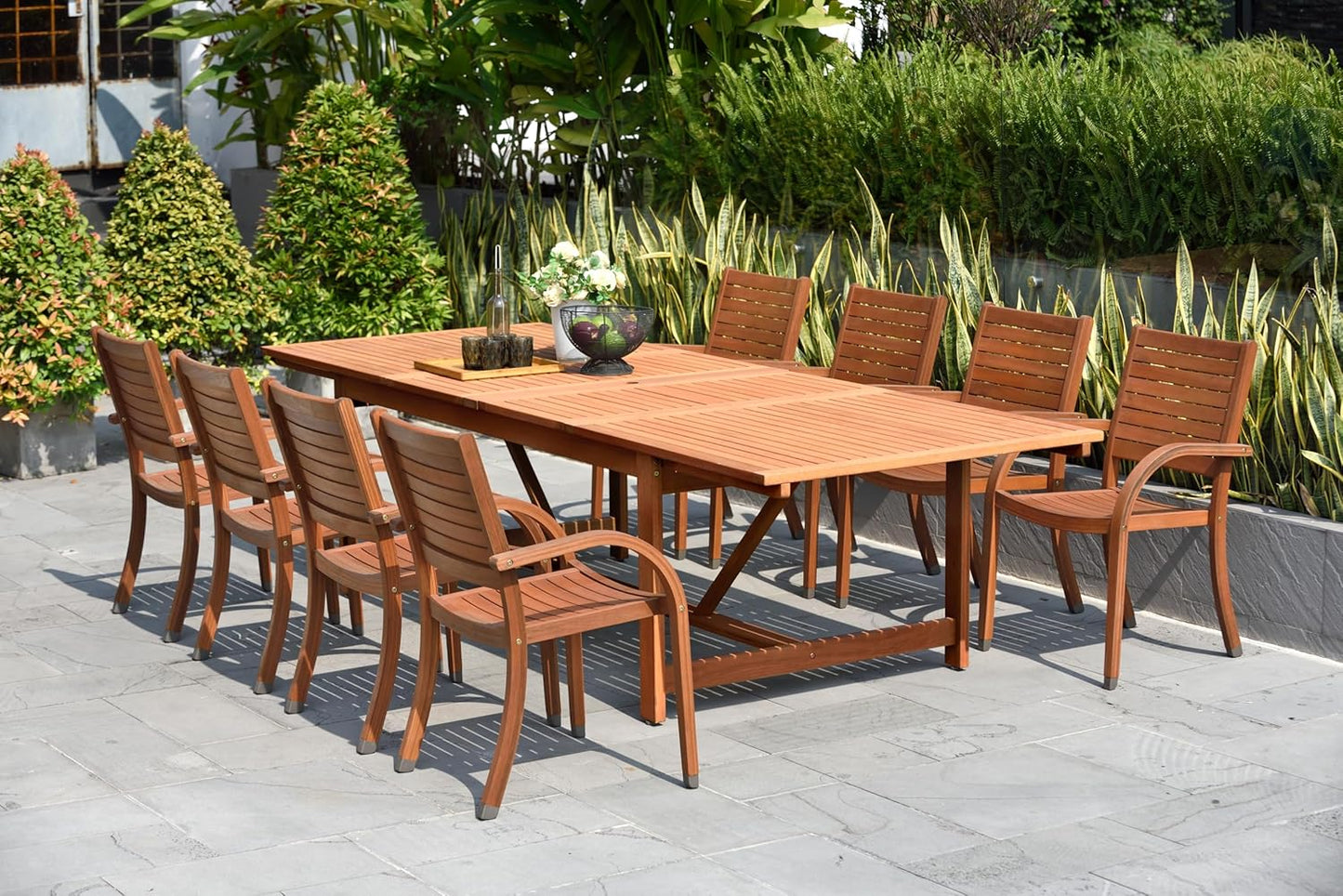 Amazonia Arizona 9-Piece Patio Rectangular Extendable Dining Table Set | Eucalyptus Wood | Ideal for Outdoors and Indoors