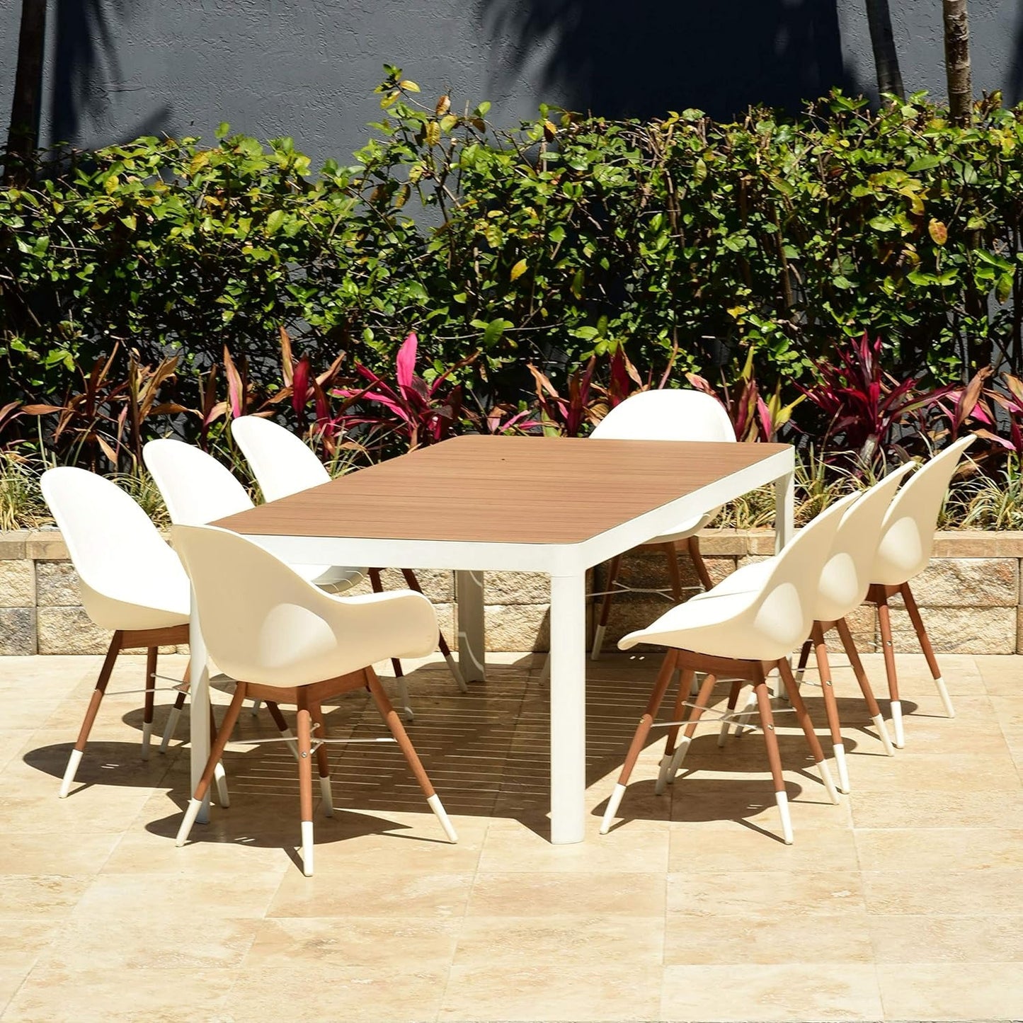 Biscayne 9-Piece Rectangular Patio Dining Set | Durable Wood | White Modern Chairs