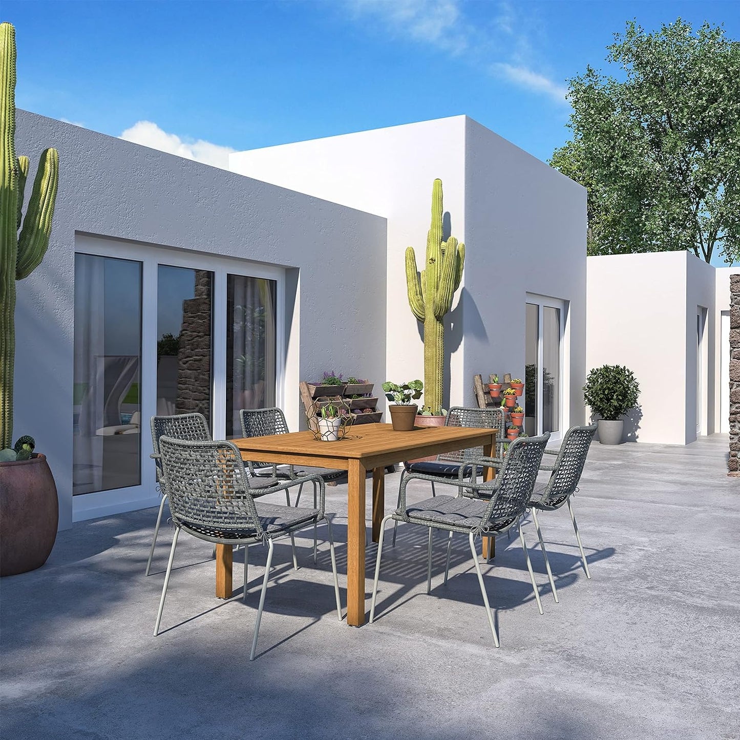Rituals Patio Set | Teak Finish, 7-Piece Rectangular Outdoor Dining, FSC Eucalyptus Wood, Grey