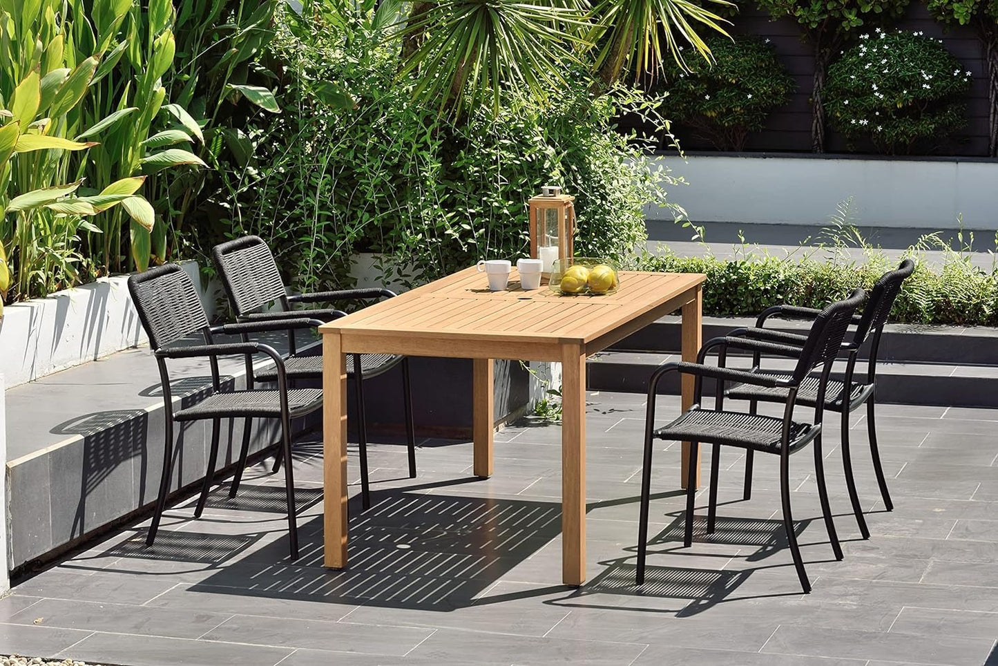 Eternal Patio Set | Teak Finish, Aluminum Chairs | Outdoor Dining, 5-Piece Black