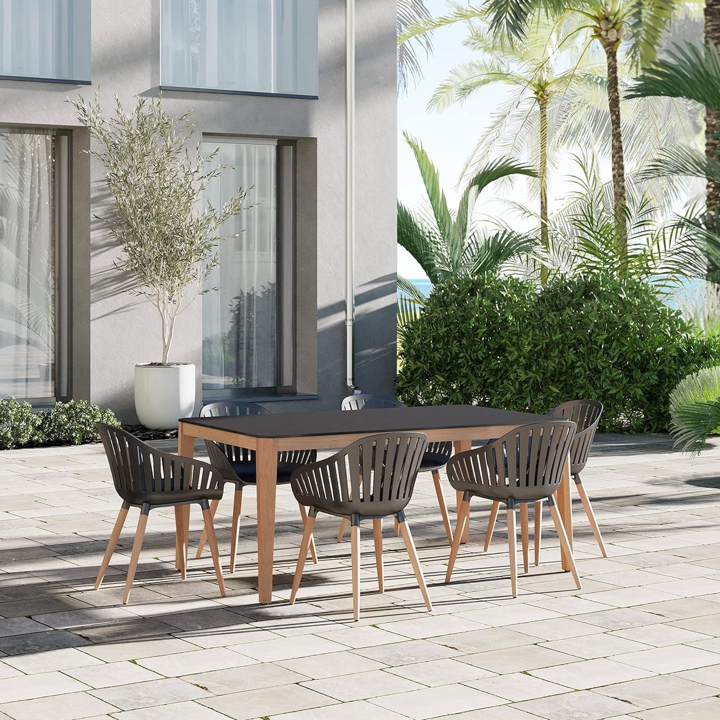 Teak Finish 100% FSC Eucalyptus Wood | Backyard Furniture, Outside White Table and Chairs, Rectangular Outdoor Dining Set, 7-Piece