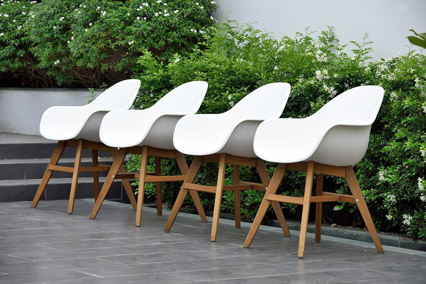Terra Patio Chairs | Teak Finish, White Resin Seat | Outdoor Dining, Indoors (White, 4-Piece)