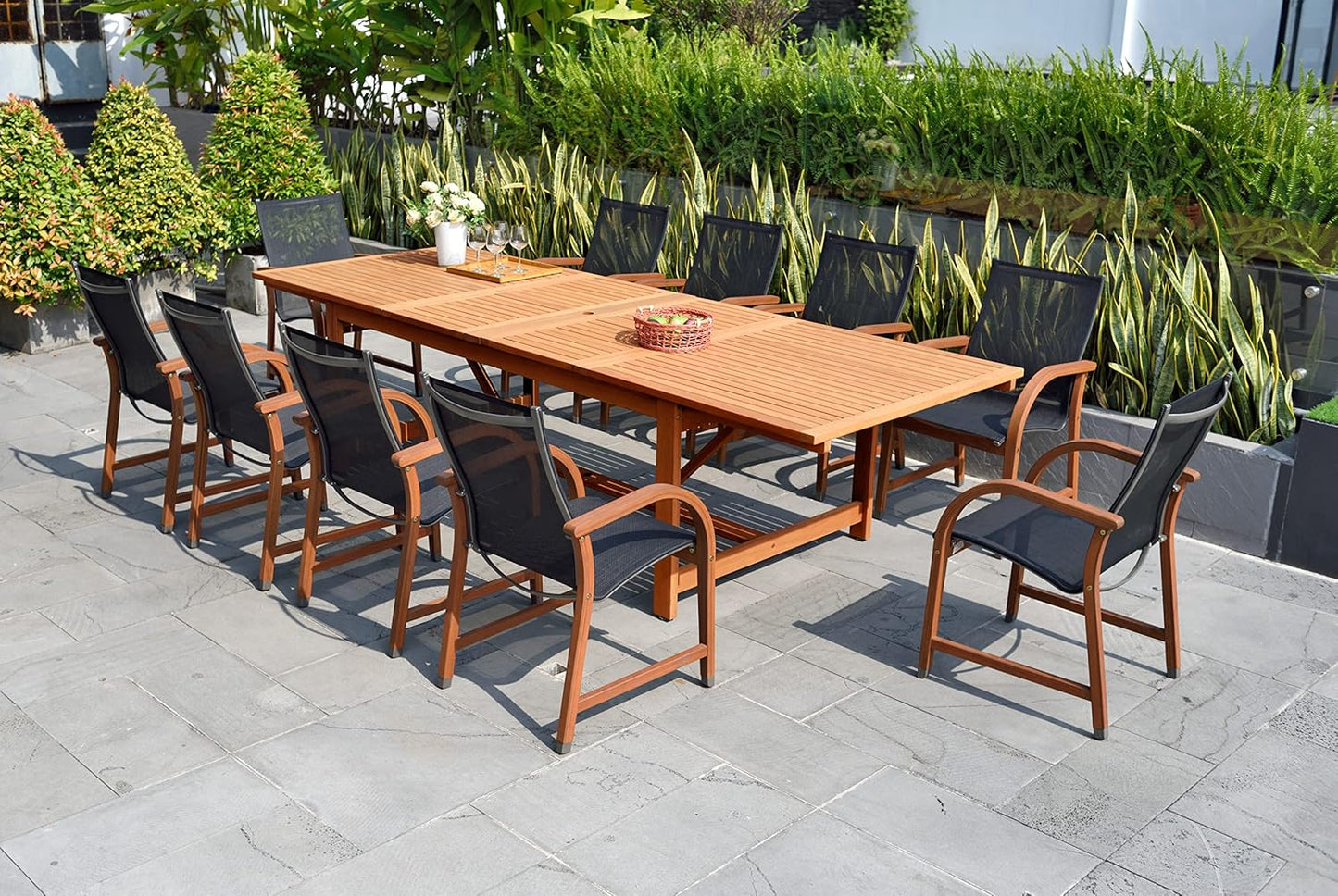 Brampton Patio Brampton Wilton 11-Piece Rectangular Extendable Dining Set | Dark Teak Finish and Stackable Chairs | Ideal for Patio and Outdoors