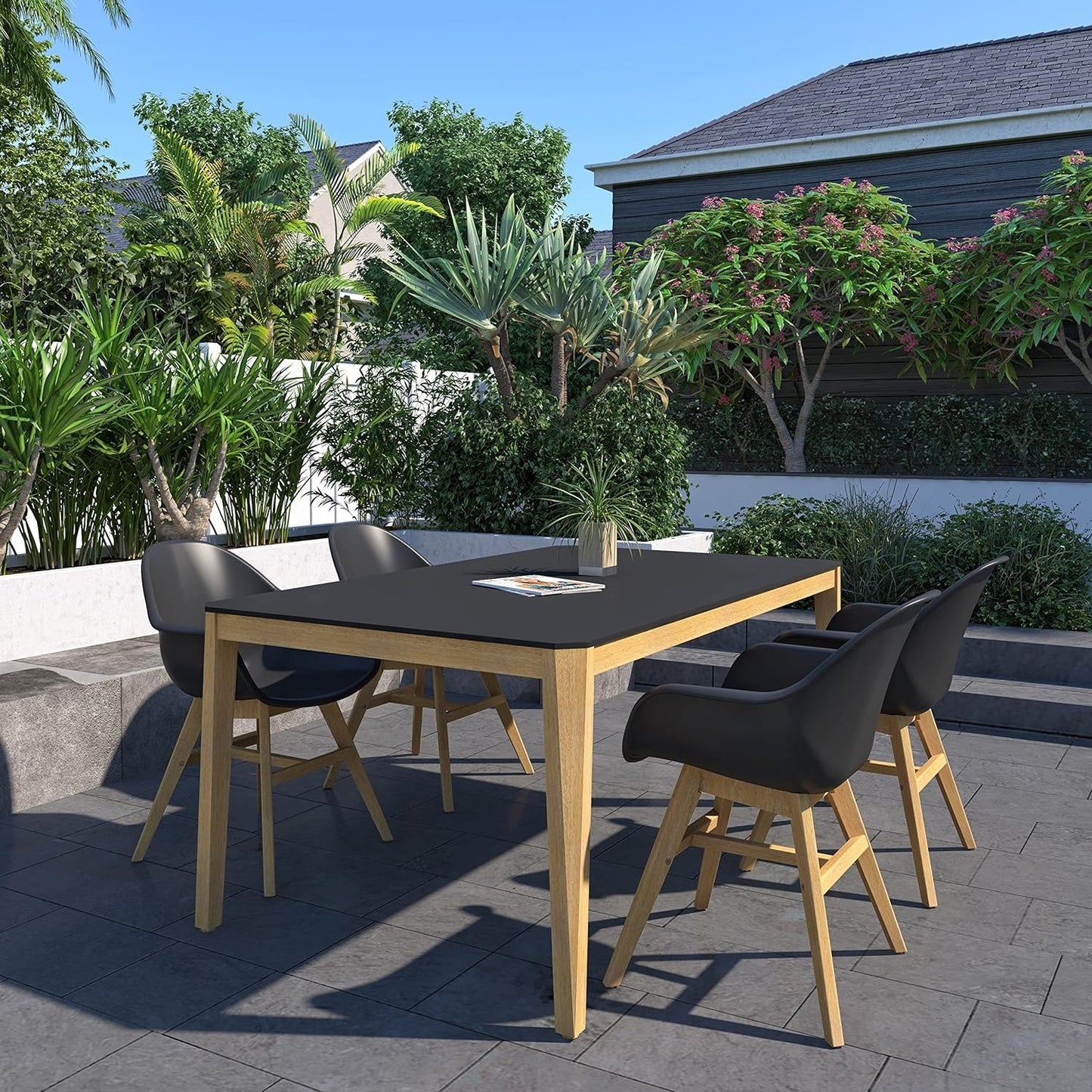 Teak Finish 100% FSC Eucalyptus Wood | Backyard Furniture, Outside Table and Chairs, Rectangular Outdoor Dining Set, 5-Piece Black