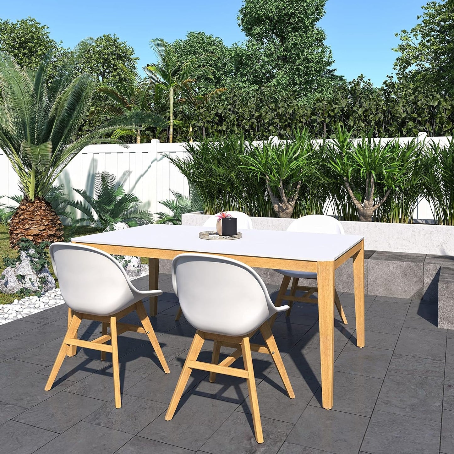 Terra Patio Chairs | Teak Finish, White Resin Seat | Outdoor Dining, Indoors (White, 2-Piece)