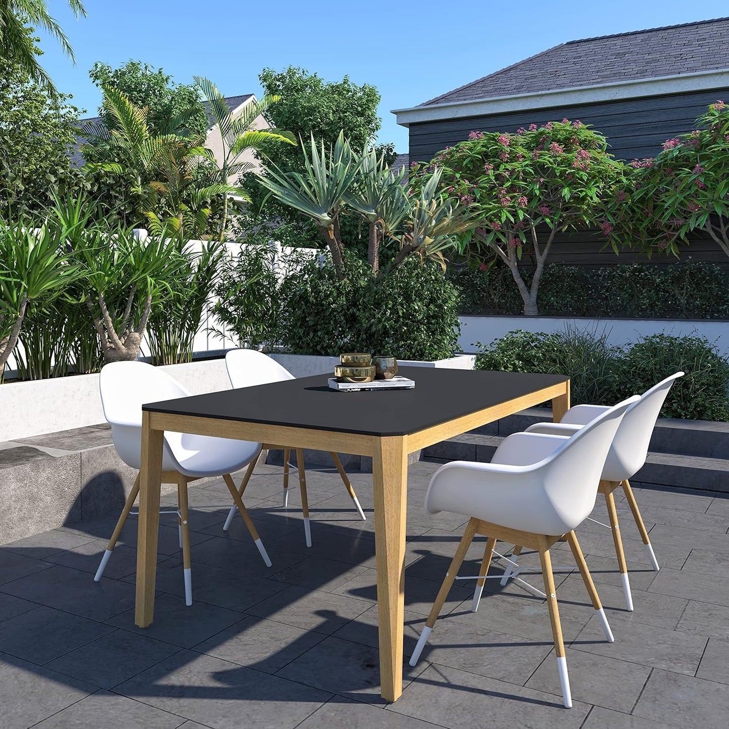 Teak Finish 100% FSC Eucalyptus Wood | Backyard Furniture, Outside Table and White Chairs, Rectangular Outdoor Dining Set, 5-Piece Black