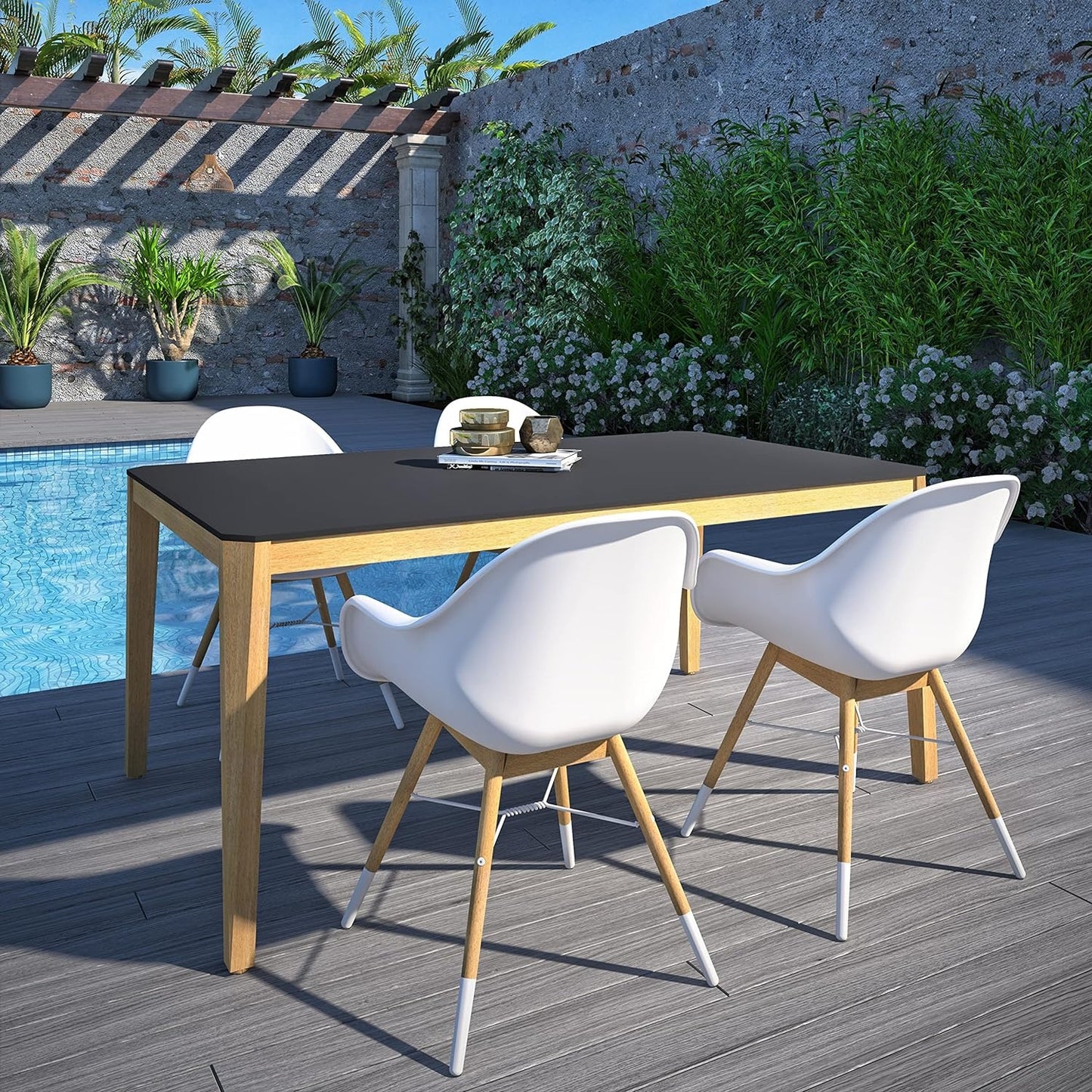 Teak Finish 100% FSC Eucalyptus Wood | Backyard Furniture, Outside Table and White Chairs, Rectangular Outdoor Dining Set, 5-Piece Black
