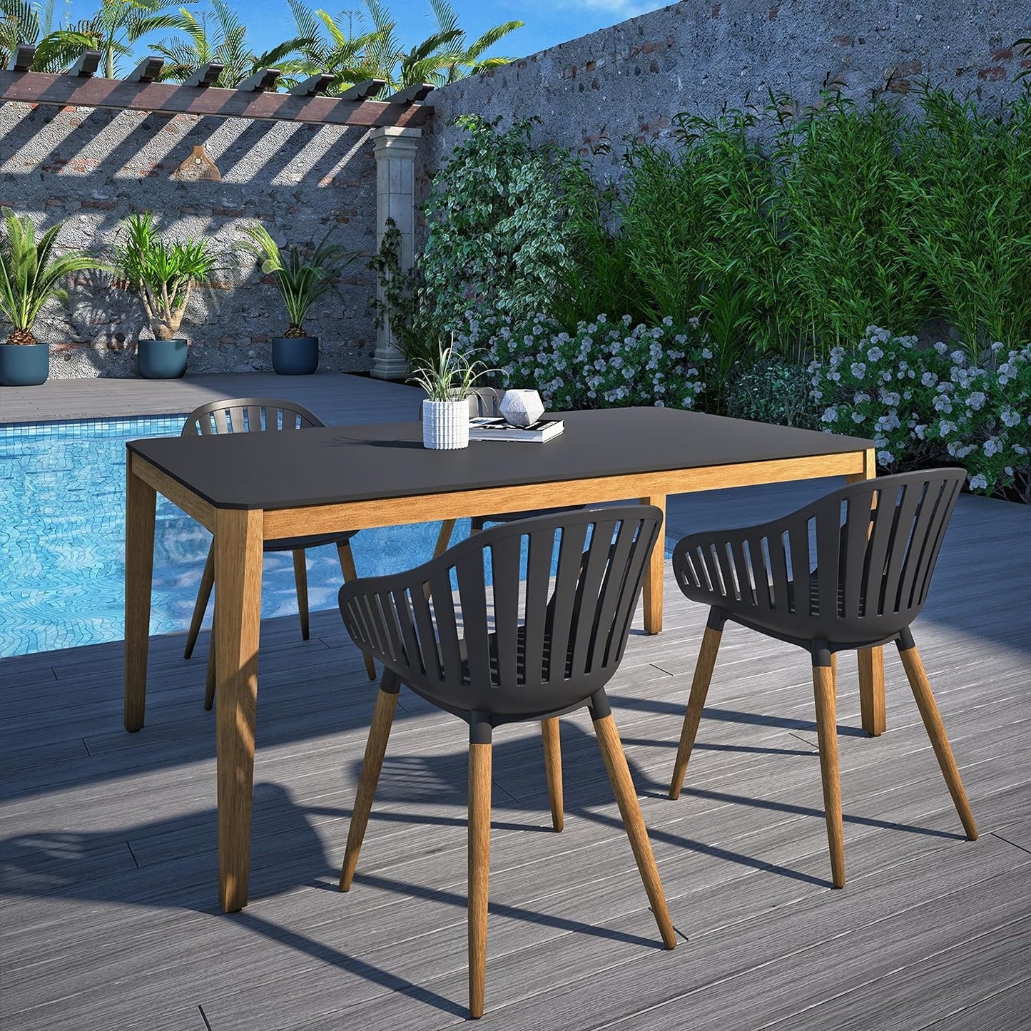 Teak Finish 100% FSC Eucalyptus Wood | Backyard Furniture, Outside White Table and Chairs, Rectangular Outdoor Dining Set, 5-Piece Black