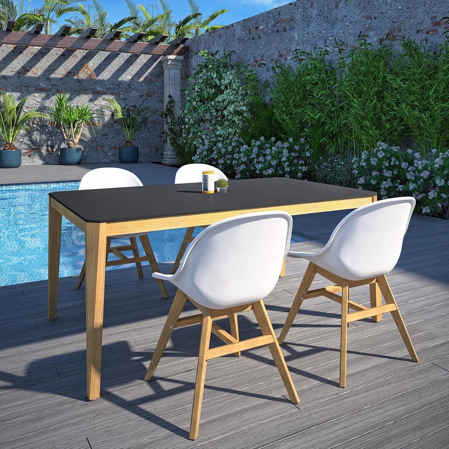 Terra Patio Chairs | Teak Finish, White Resin Seat | Outdoor Dining, Indoors (White, 4-Piece)