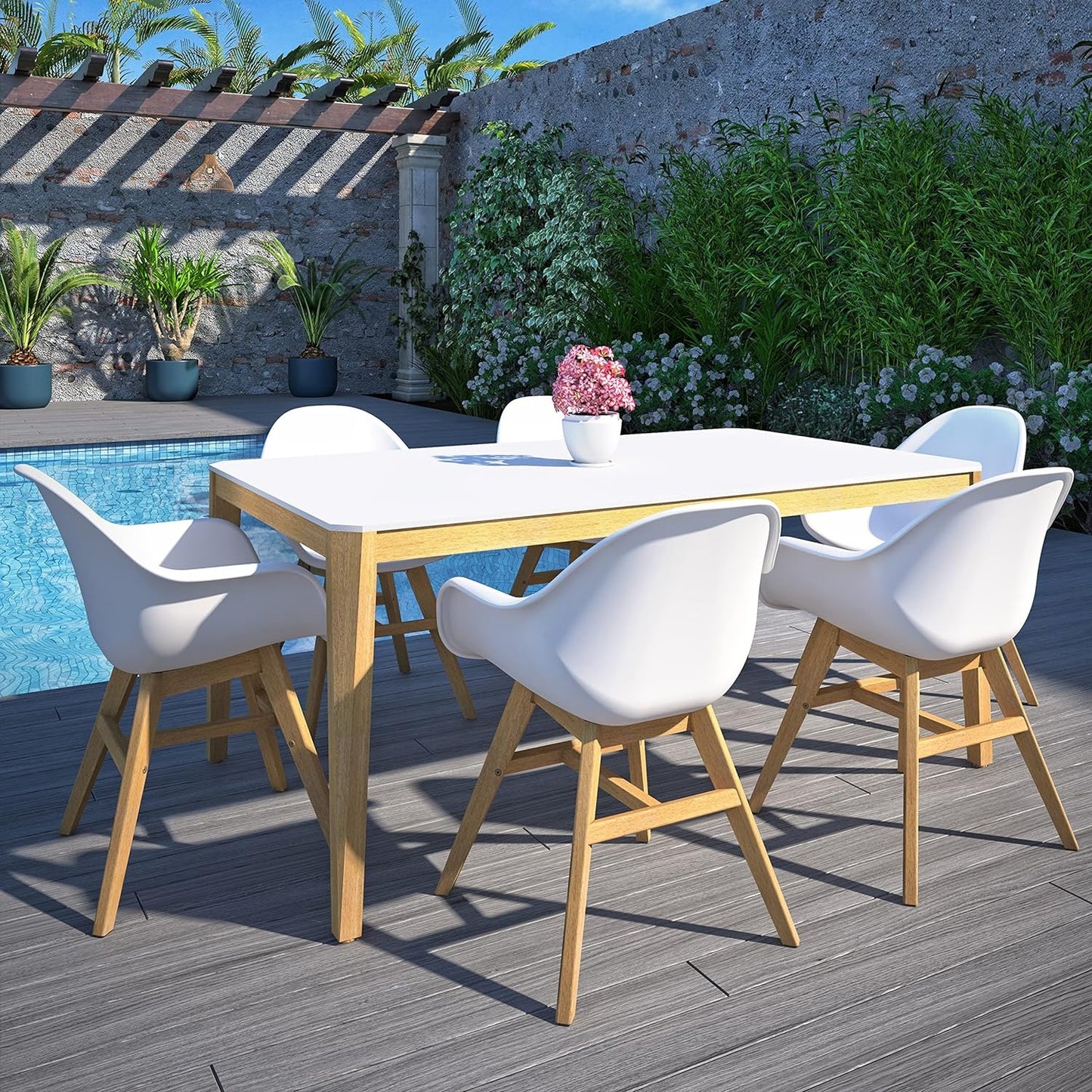 Terra Patio Chairs | Teak Finish, White Resin Seat | Outdoor Dining, Indoors (White, 4-Piece)