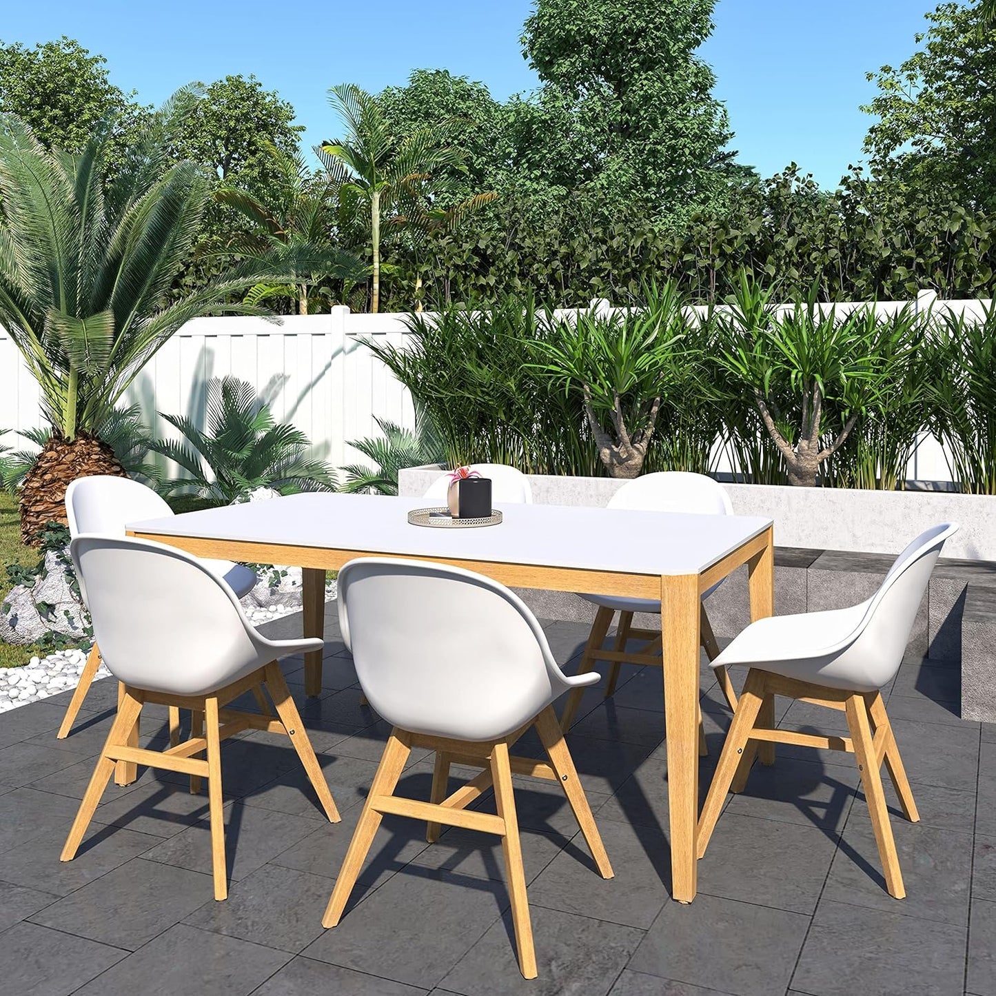 Terra Patio Chairs | Teak Finish, White Resin Seat | Outdoor Dining, Indoors (White, 4-Piece)