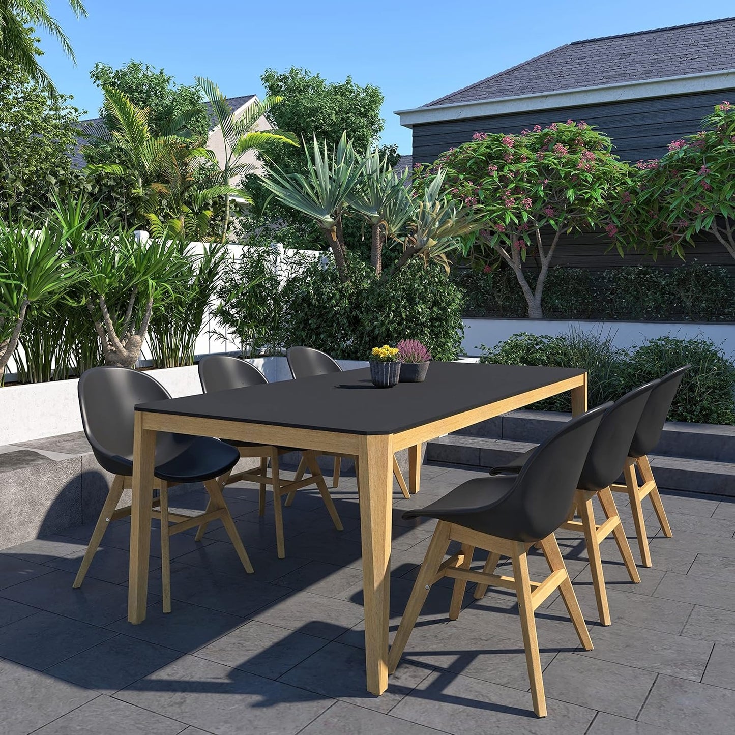Terra Patio Chairs | Teak Finish, White Resin Seat | Outdoor Dining, Indoors (Black, 4-Piece)