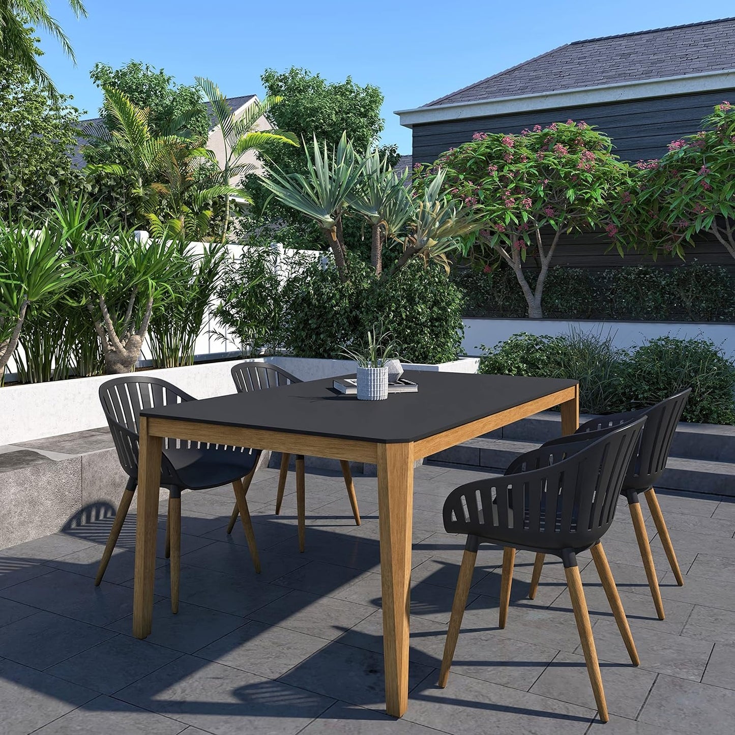 Teak Finish 100% FSC Eucalyptus Wood | Backyard Furniture, Outside White Table and Chairs, Rectangular Outdoor Dining Set, 5-Piece Black
