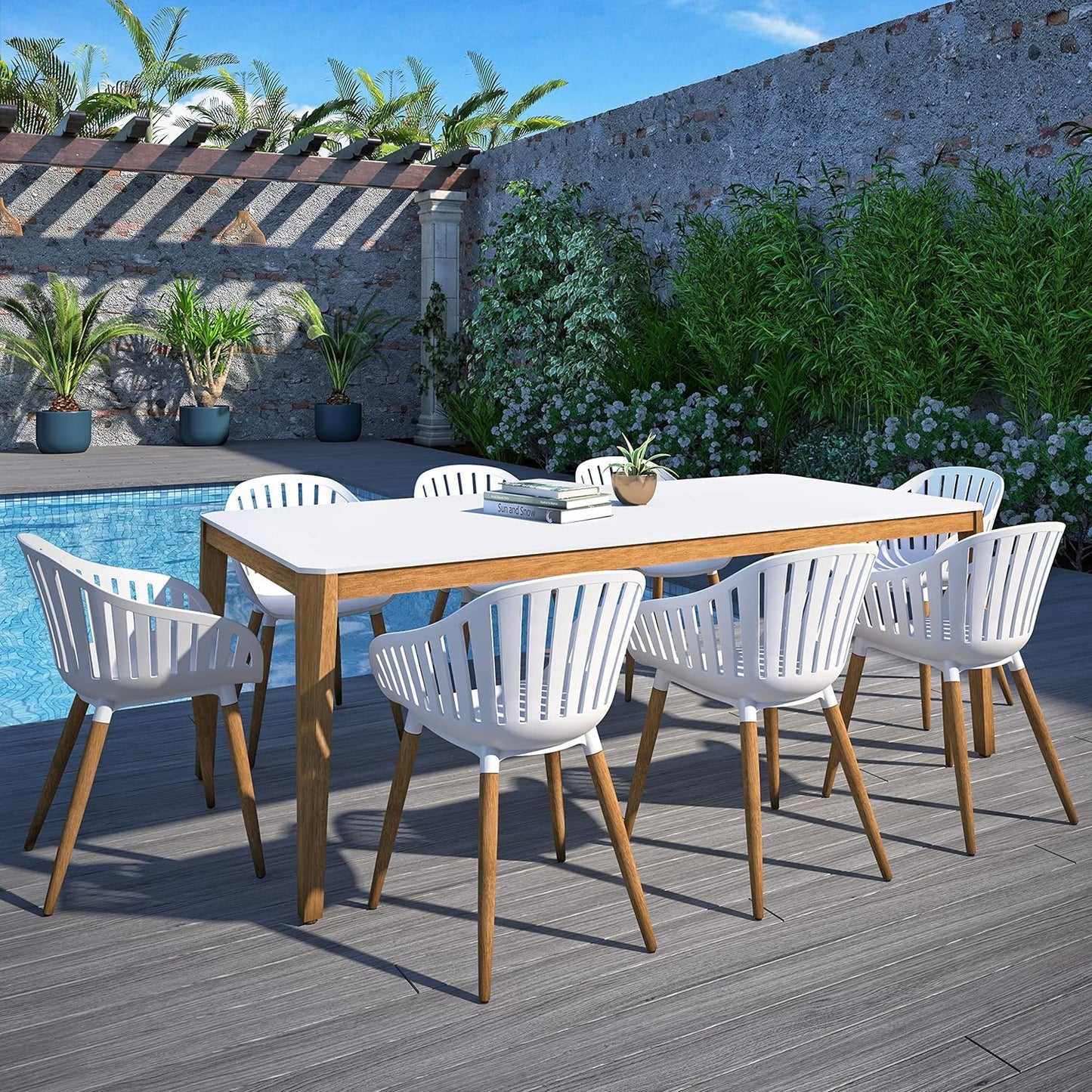 Dining Table | Teak Finish 100% FSC Eucalyptus Wood | Rectangular Patio Table, Garden Table Ideal for Outdoors and Indoors White XL