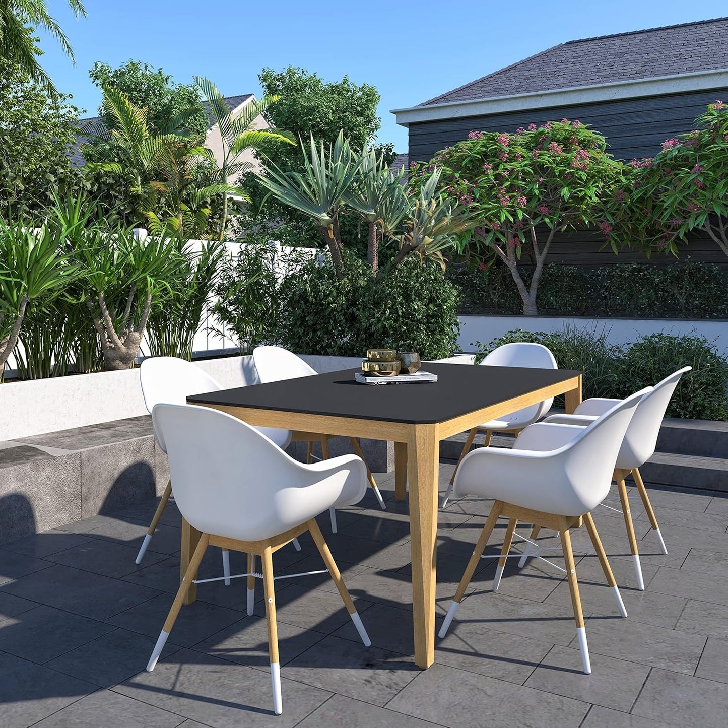 Teak Finish 100% FSC Eucalyptus Wood | Backyard Furniture, Outside Table and White Chairs, Rectangular Outdoor Dining Set, 7-Piece Black