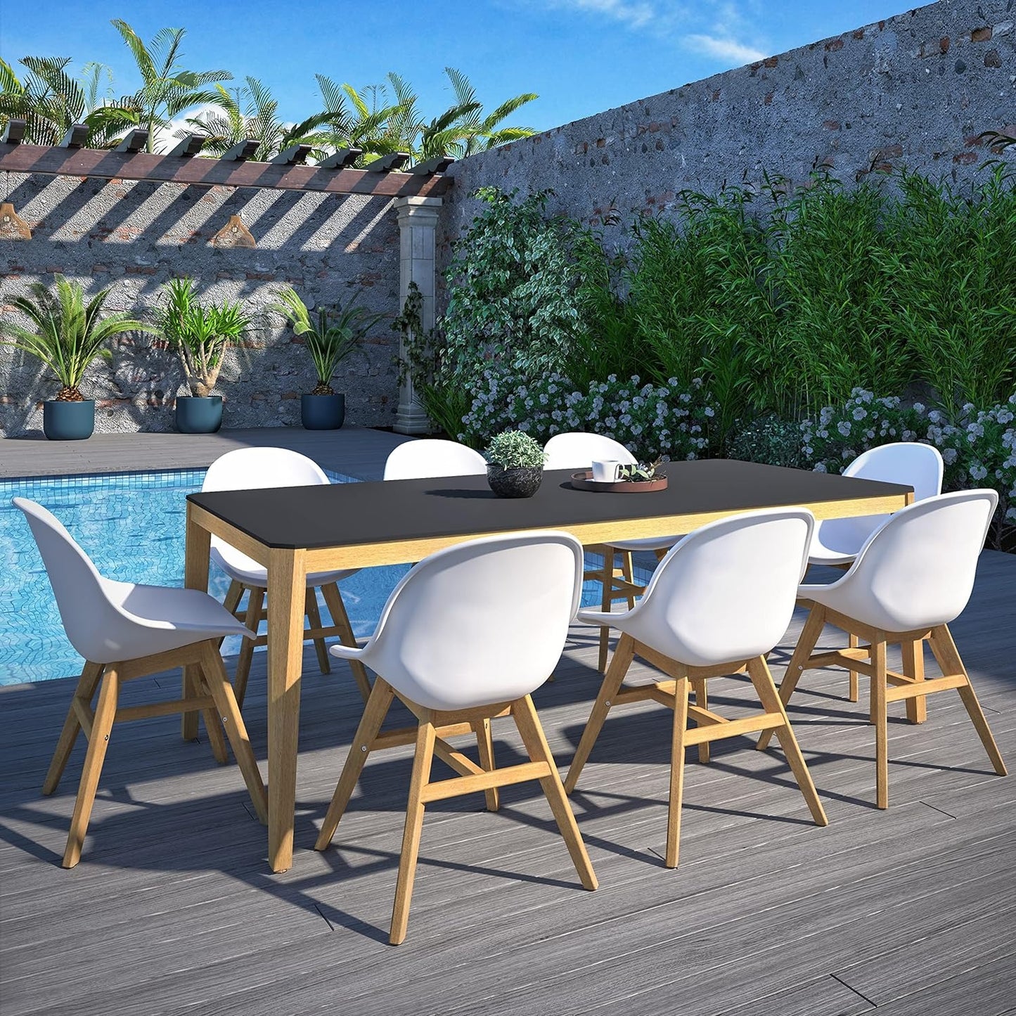 Terra Patio Chairs | Teak Finish, White Resin Seat | Outdoor Dining, Indoors (White, 2-Piece)