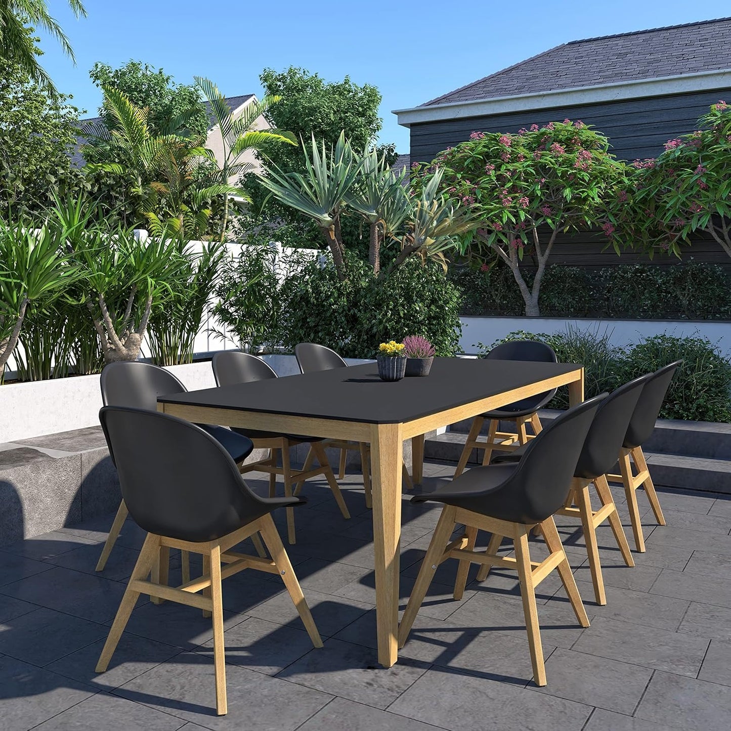 Terra Patio Chairs | Teak Finish, White Resin Seat | Outdoor Dining, Indoors (Black, 2-Piece)