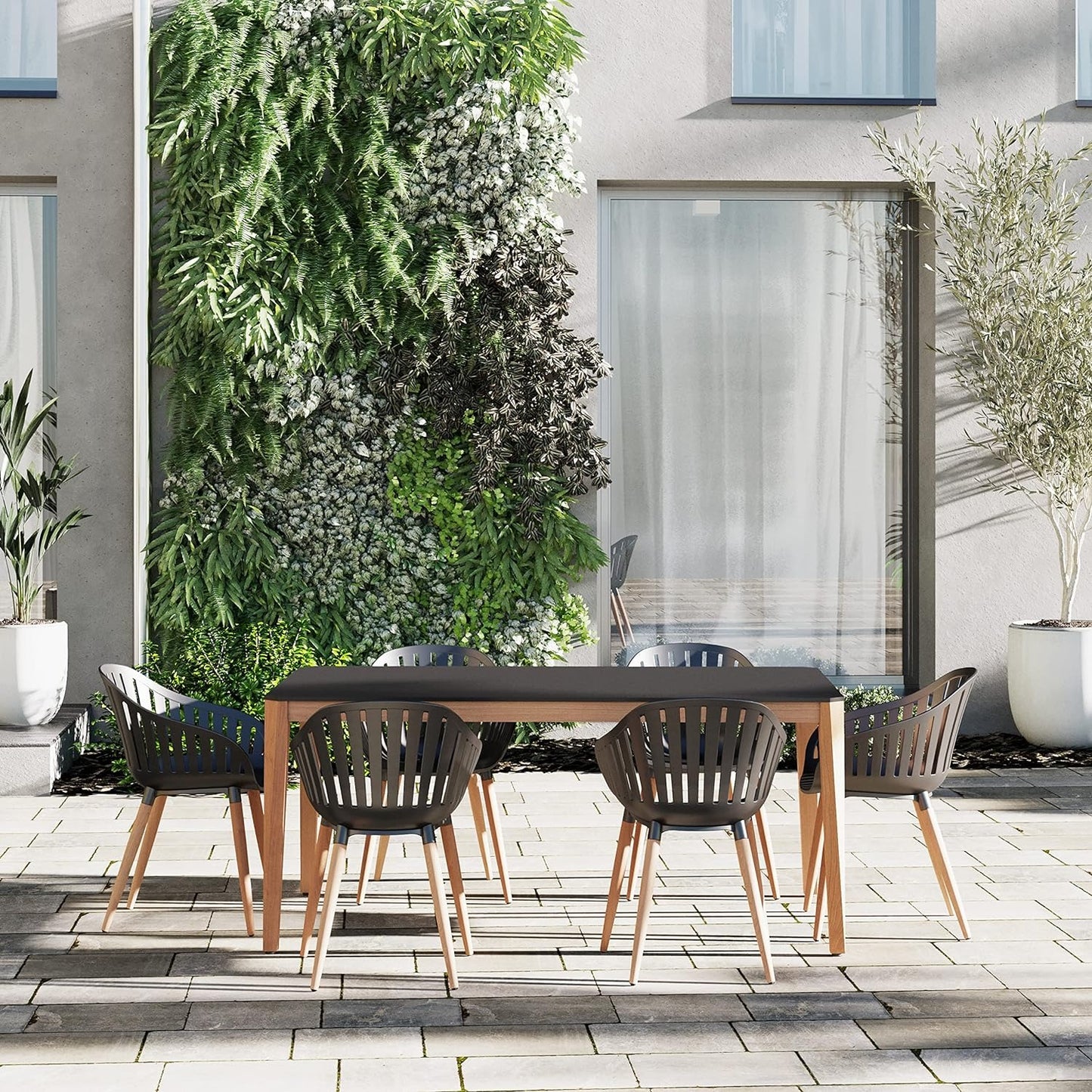 Teak Finish 100% FSC Eucalyptus Wood | Backyard Furniture, Outside White Table and Chairs, Rectangular Outdoor Dining Set, 7-Piece