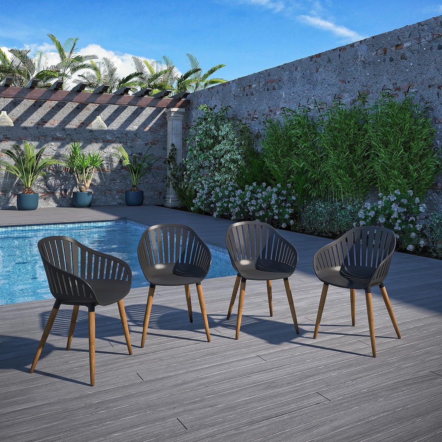 Teak Finish 100% FSC Eucalyptus Wood | Backyard Furniture, Outside White Table and Chairs, Rectangular Outdoor Dining Set, 7-Piece