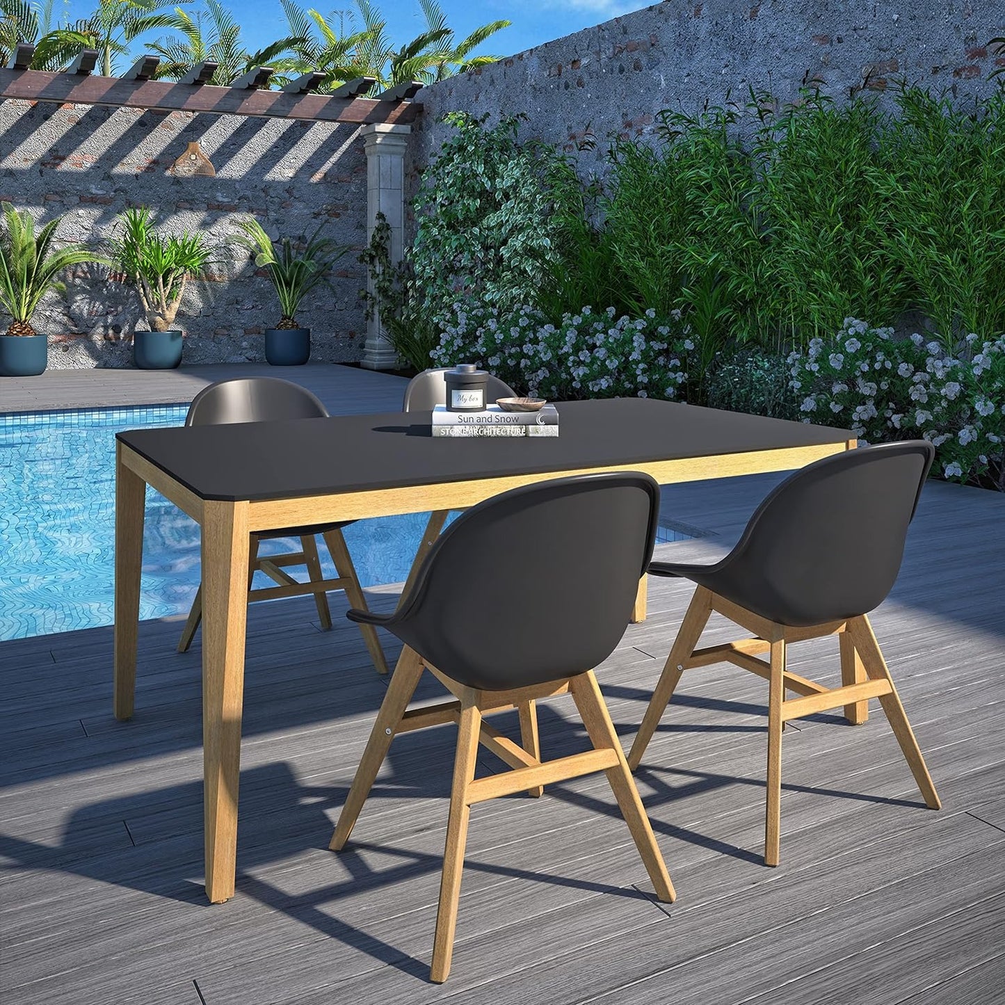Terra Patio Chairs | Teak Finish, White Resin Seat | Outdoor Dining, Indoors (Black, 2-Piece)