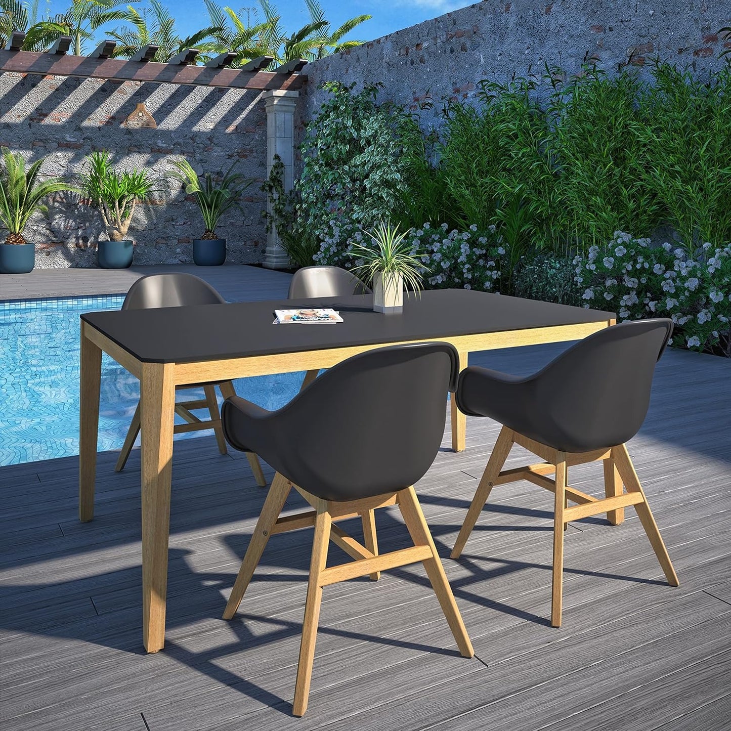 Teak Finish 100% FSC Eucalyptus Wood | Backyard Furniture, Outside Table and Chairs, Rectangular Outdoor Dining Set, 5-Piece Black