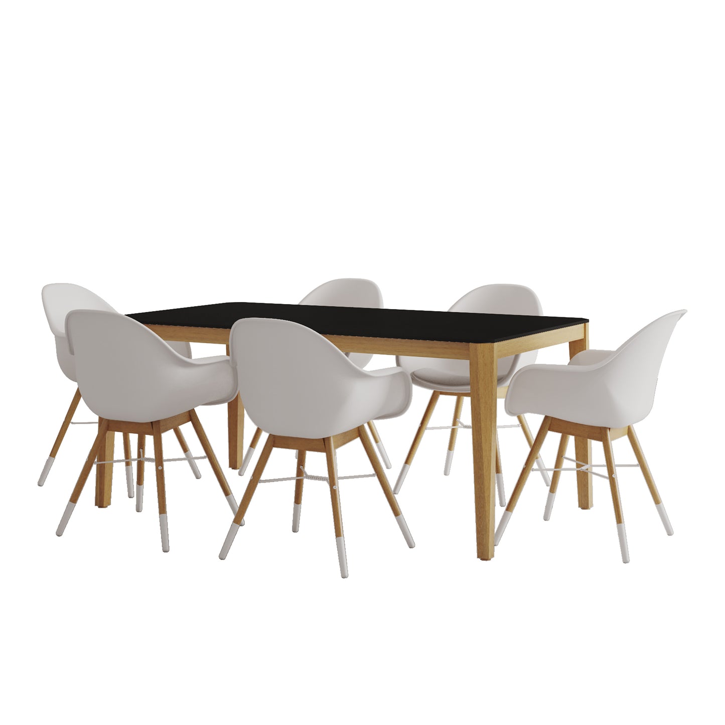 Teak Finish 100% FSC Eucalyptus Wood | Backyard Furniture, Outside Table and White Chairs, Rectangular Outdoor Dining Set, 7-Piece Black