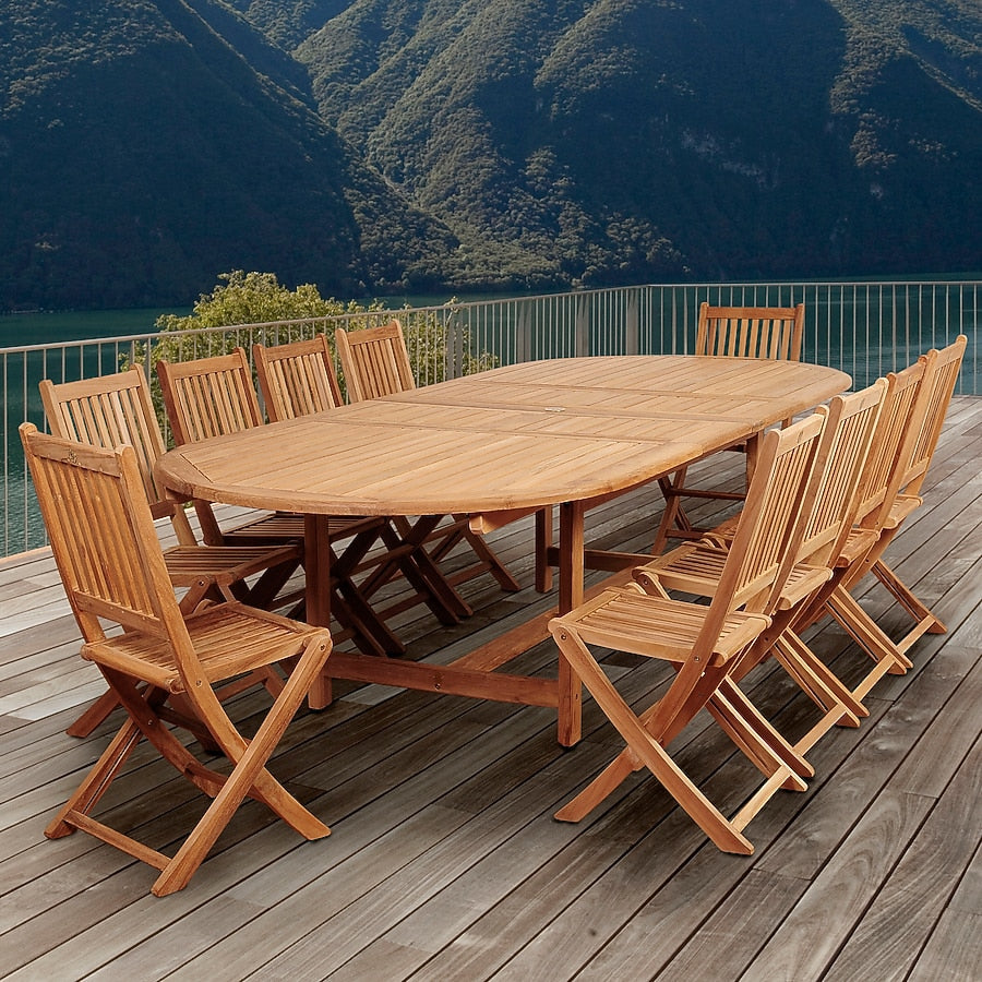 Amazonia Outdoor 11 -Piece Pale Patio Dining Set Wood Rectangle Table with 4 Stackable Stationary Chairs and Umbrella Included