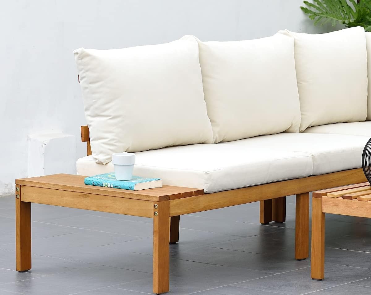 Queens Patio Sectional Set | Teak Finish and Weather Resistant Off-White Cushions| Durable and Ideal for Outdoors