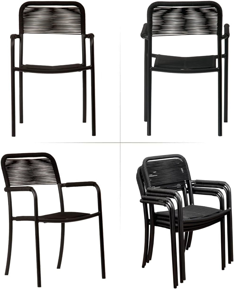 Luna Patio Chairs | Aluminum Frame, Rope Seat | Outdoor Dining, Indoors (Black, 2-Piece)