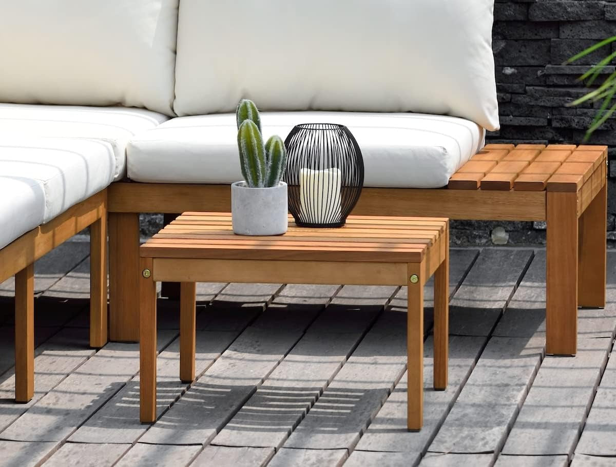 Queens Patio Sectional Set | Teak Finish and Weather Resistant Off-White Cushions| Durable and Ideal for Outdoors