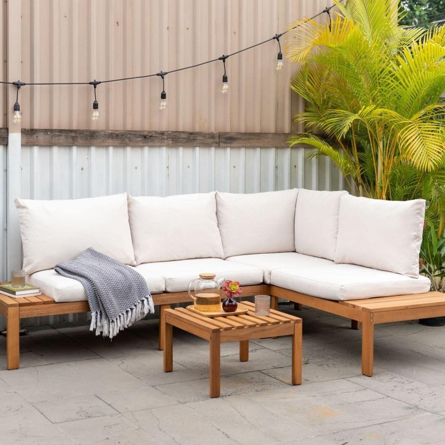 Queens Patio Sectional Set | Teak Finish and Weather Resistant Off-White Cushions| Durable and Ideal for Outdoors