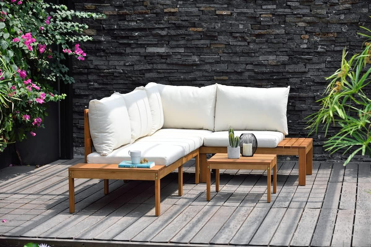Queens Patio Sectional Set | Teak Finish and Weather Resistant Off-White Cushions| Durable and Ideal for Outdoors