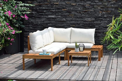 Queens Patio Sectional Set | Teak Finish and Weather Resistant Off-White Cushions| Durable and Ideal for Outdoors