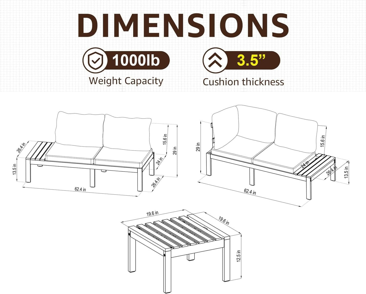 Queens Patio Sectional Set | Teak Finish and Weather Resistant Off-White Cushions| Durable and Ideal for Outdoors