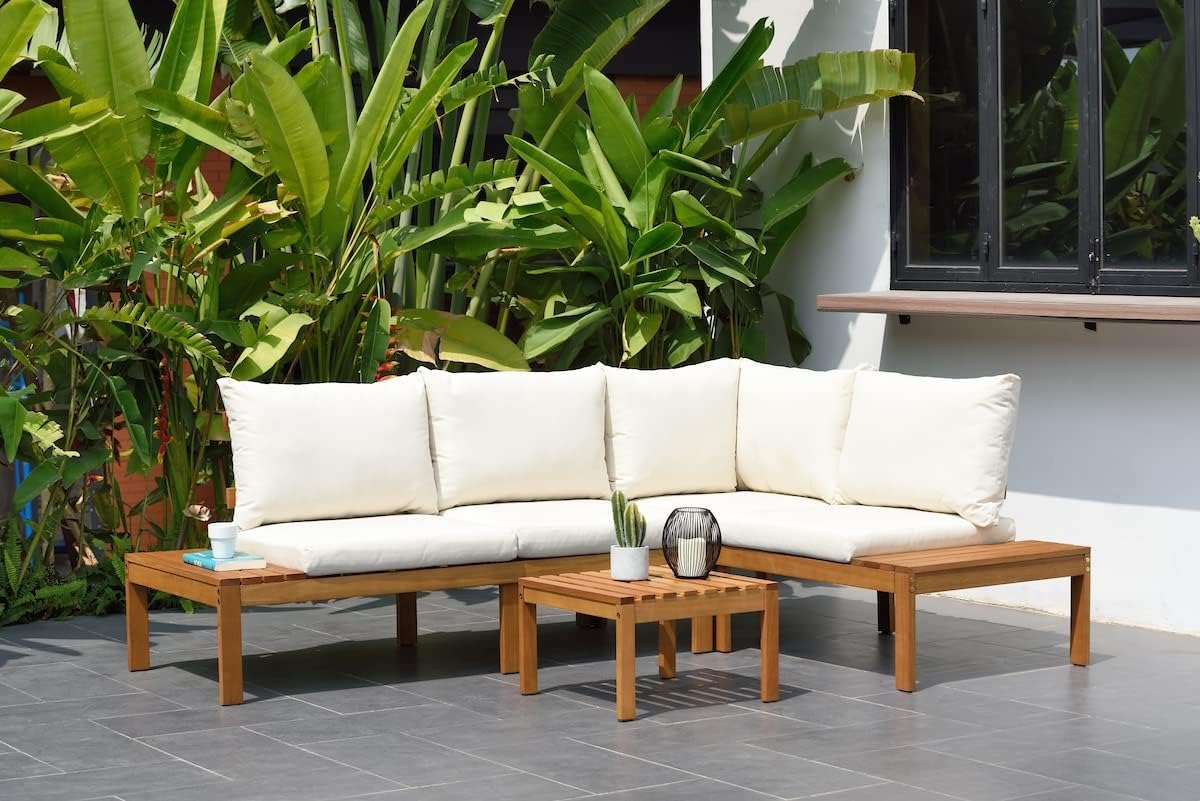 Queens Patio Sectional Set | Teak Finish and Weather Resistant Off-White Cushions| Durable and Ideal for Outdoors