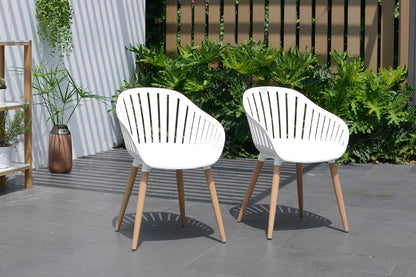 Vent Patio Chairs | Teak Finish, Black Resin Seat | Outdoor Dining, Indoors (White, 2-Piece)
