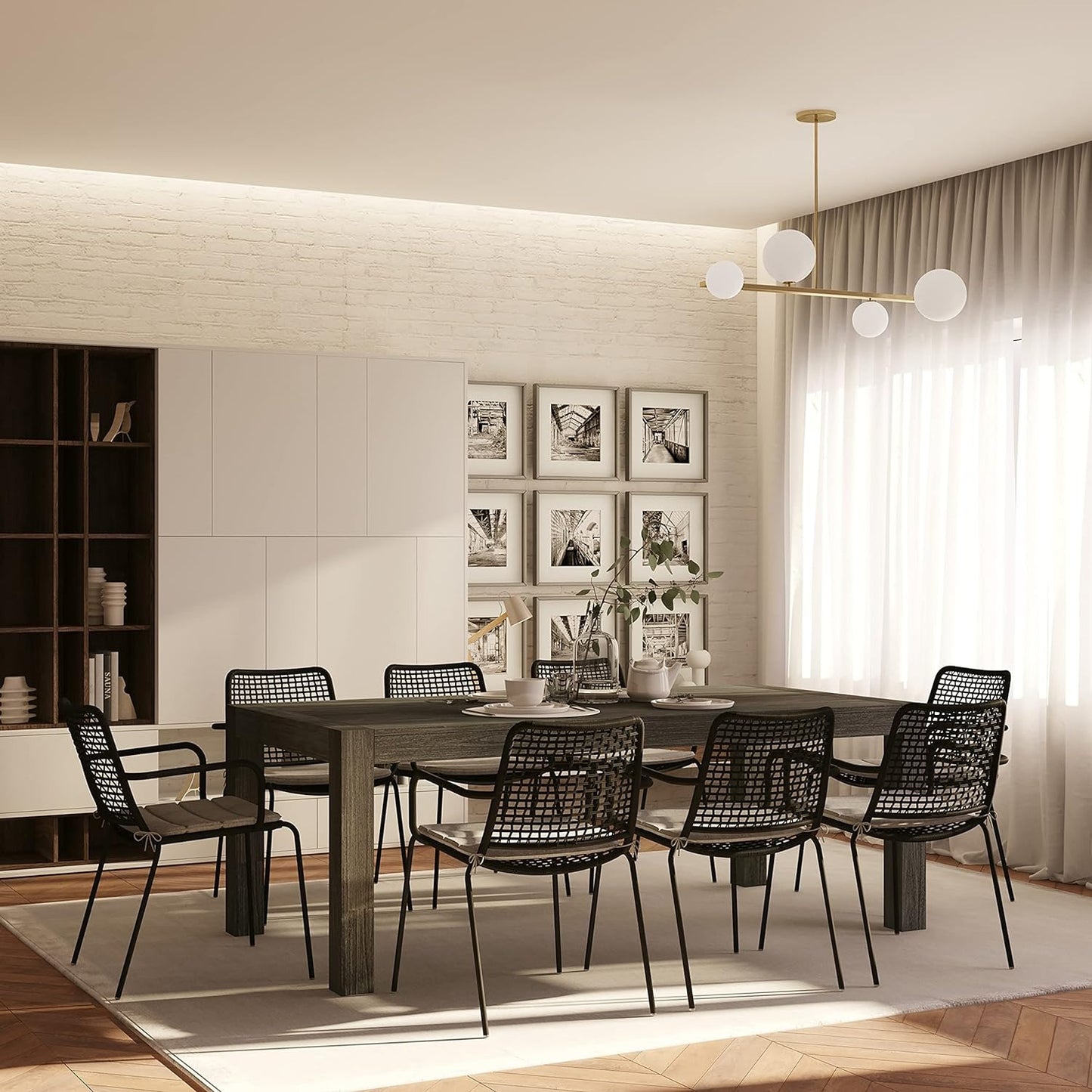 9-Piece Patio Rectangular Table Set | Eucalyptus Wood | Ideal for Indoors, Black