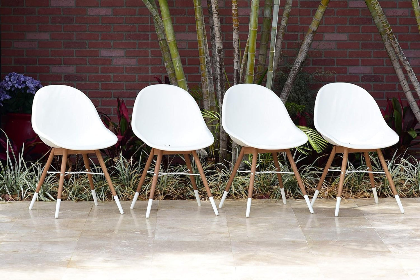 Eaux Patio Chairs | Teak Finish, White Resin Seat | Outdoor Dining, Indoors (Side Chair, 4-Piece)
