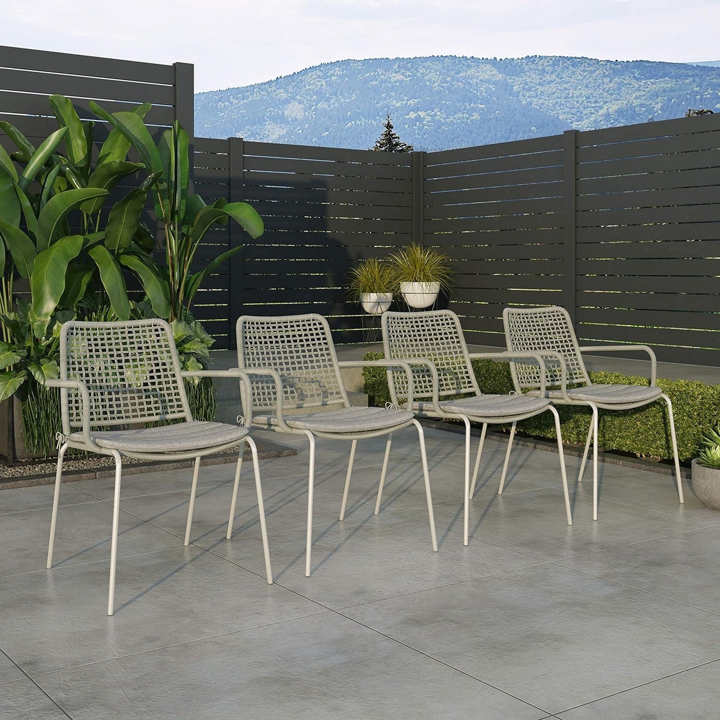 Solis Patio Chairs | Steel, Rope Seat | Outdoor Dining, Indoors (Grey, 4-Piece)