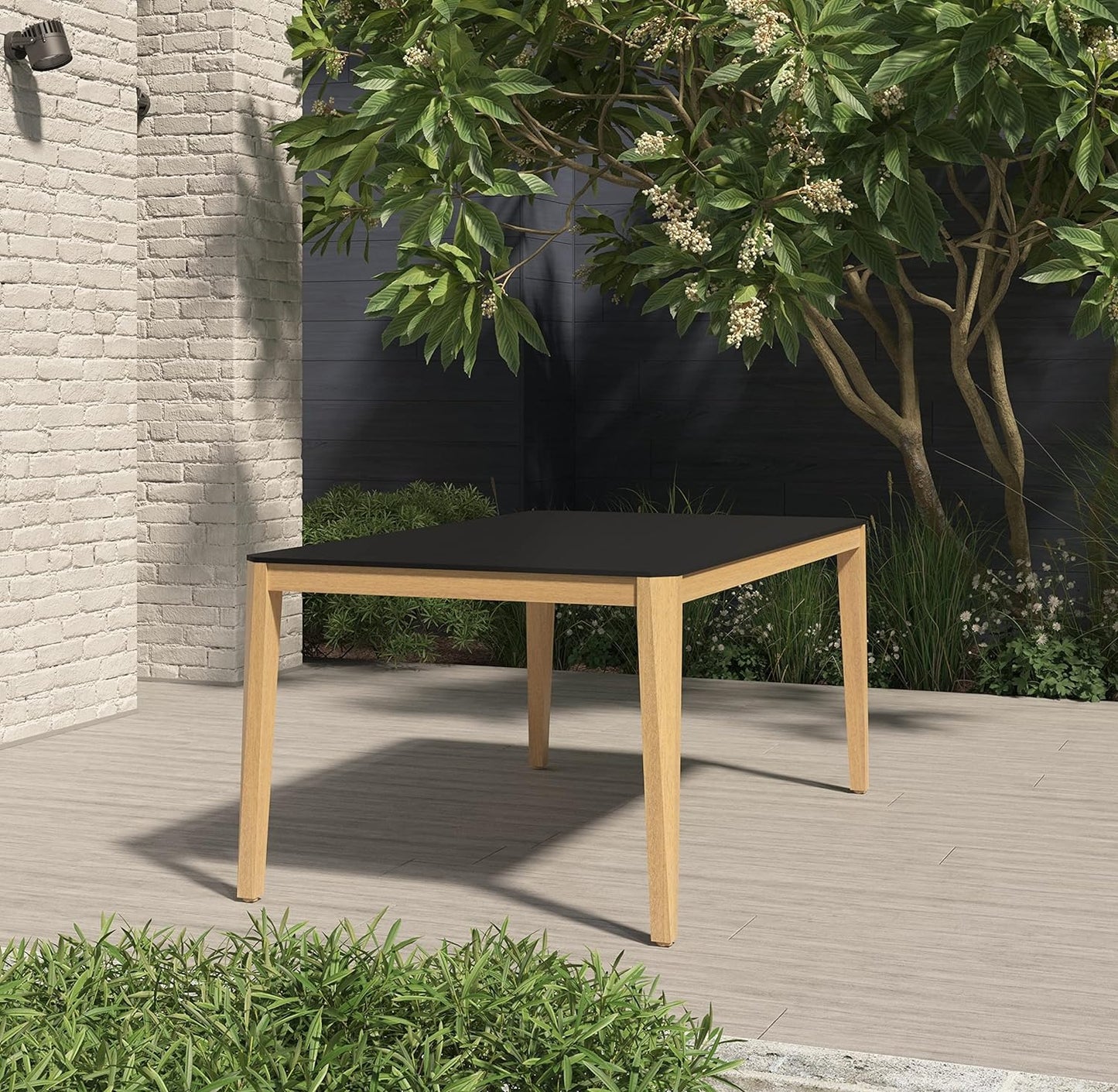 Teak Finish 100% FSC Eucalyptus Wood | Backyard Furniture, Outside Table and Chairs, Rectangular Outdoor Dining Set, 7-Piece Black