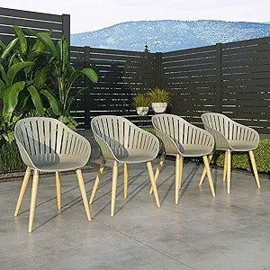Vent Patio Chairs | Teak Finish, Black Resin Seat | Outdoor Dining, Indoors (Grey, 4-Piece)