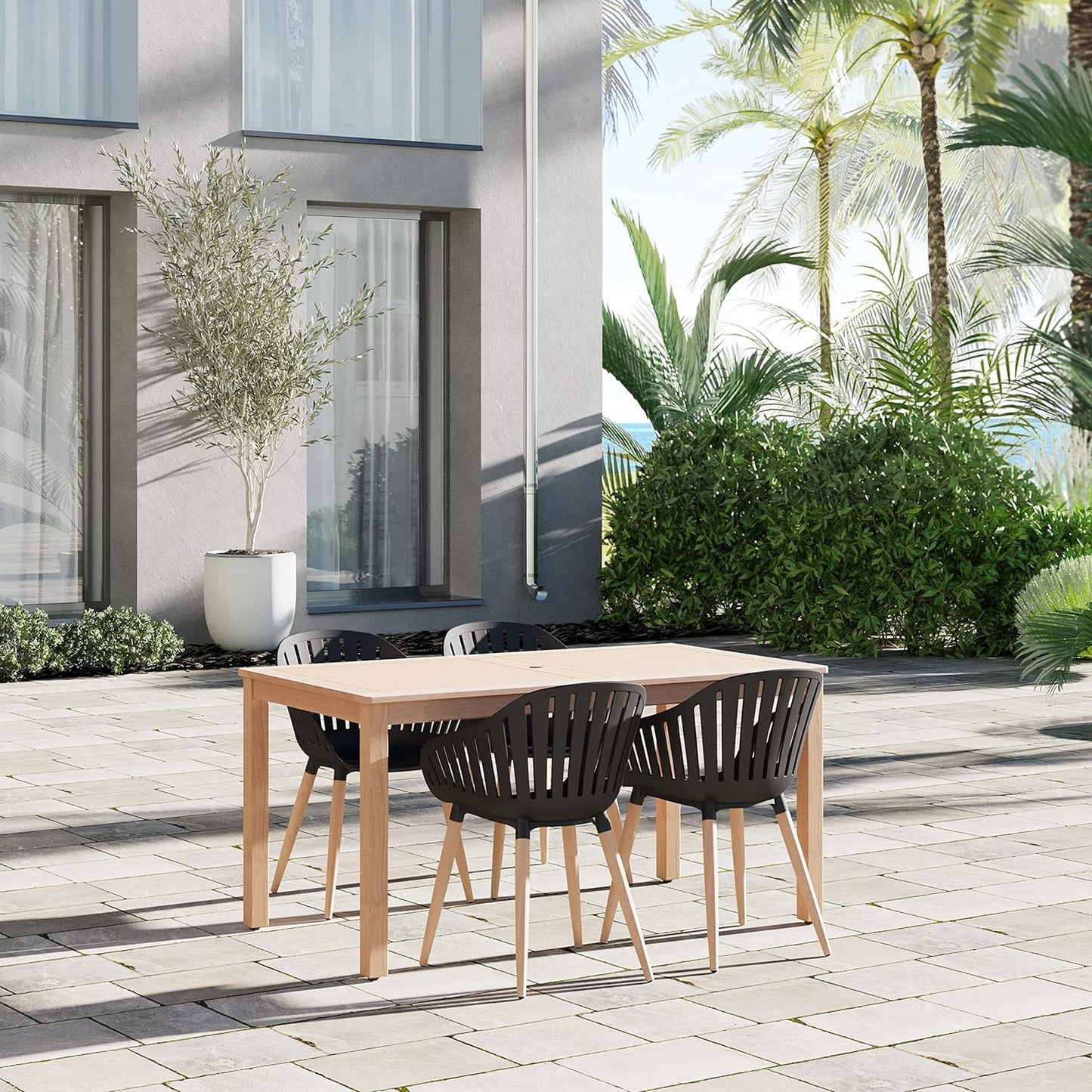 Nature Patio Set | Teak Finish, Rectangular Outdoor Dining, 5-Piece Black