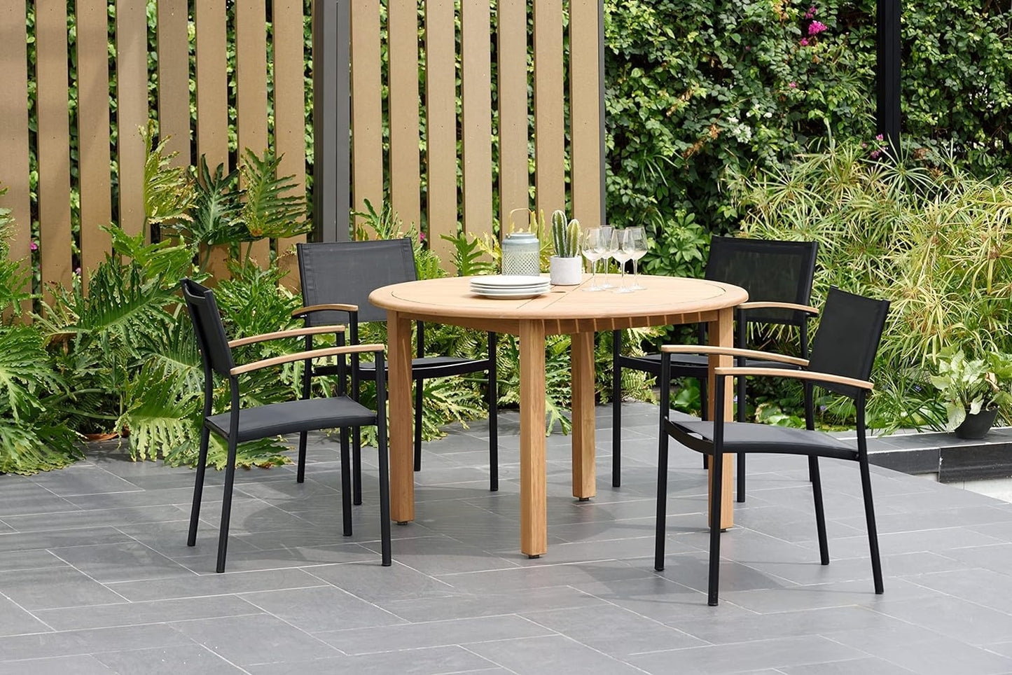 Ubuntu Patio Set | Teak Finish, 5-Piece Round, FSC Eucalyptus Wood