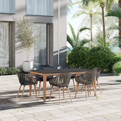 Teak Finish 100% FSC Eucalyptus Wood | Backyard Furniture, Outside White Table and Chairs, Rectangular Outdoor Dining Set, 7-Piece