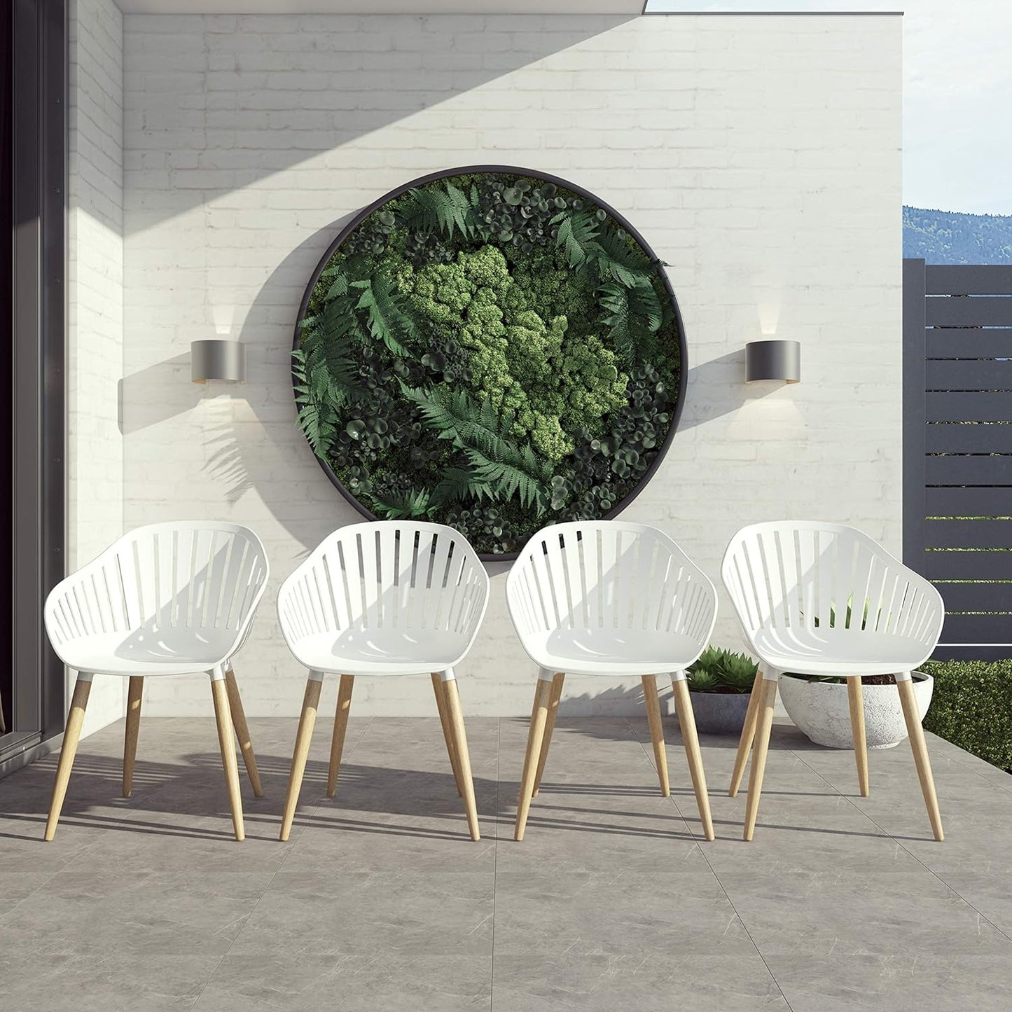 Vent Patio Chairs | Teak Finish, White Resin Seat | Outdoor Dining, Indoors (White, 4-Piece)
