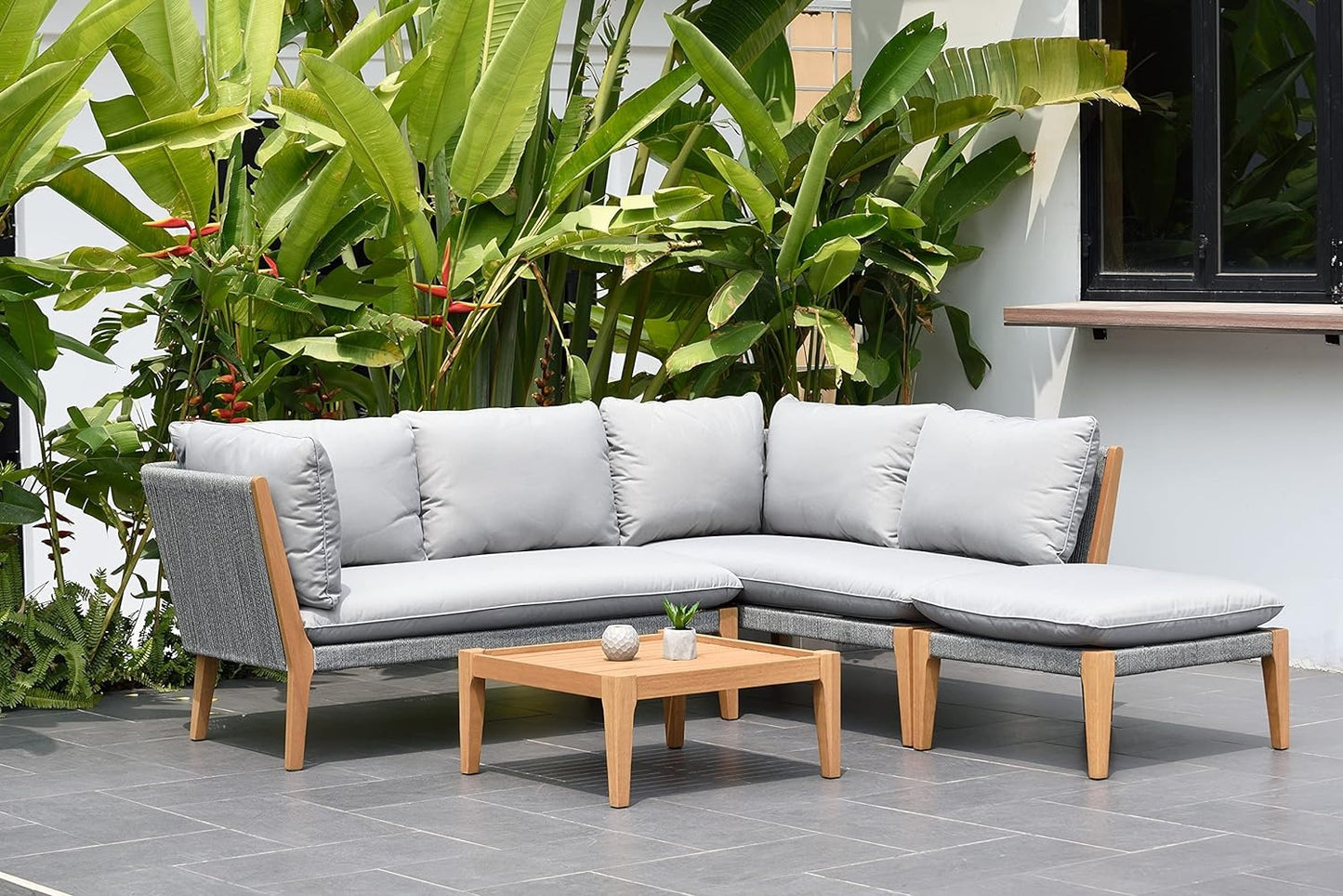 Kentucky 5-Piece Patio Sectional Set | Teak Finish, Weather Resistant Grey Cushions