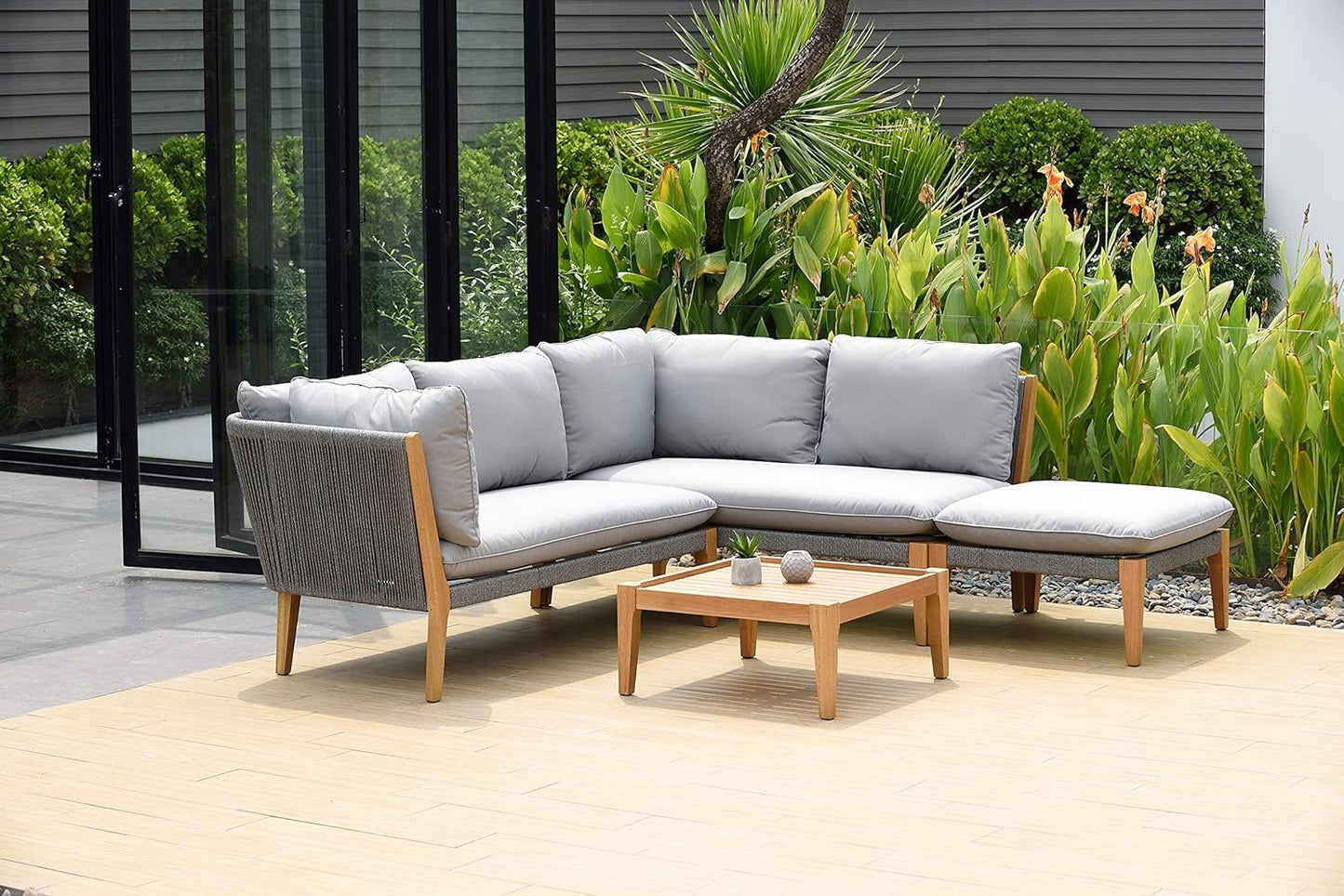 Kentucky 5-Piece Patio Sectional Set | Teak Finish, Weather Resistant Grey Cushions